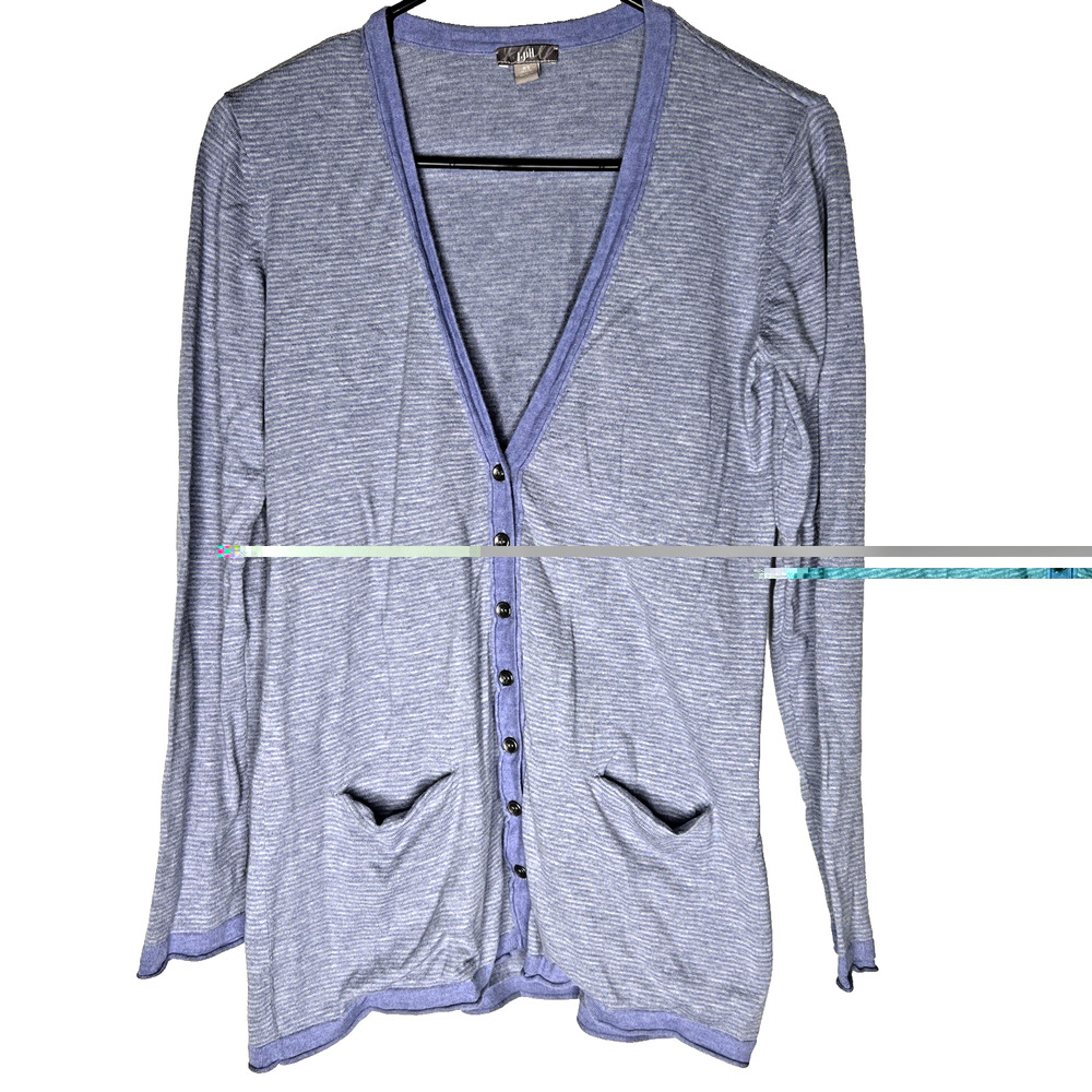 j jill XS Petite Boyfriend Long Cardigan Sweater Purple Gray Thin Stripe